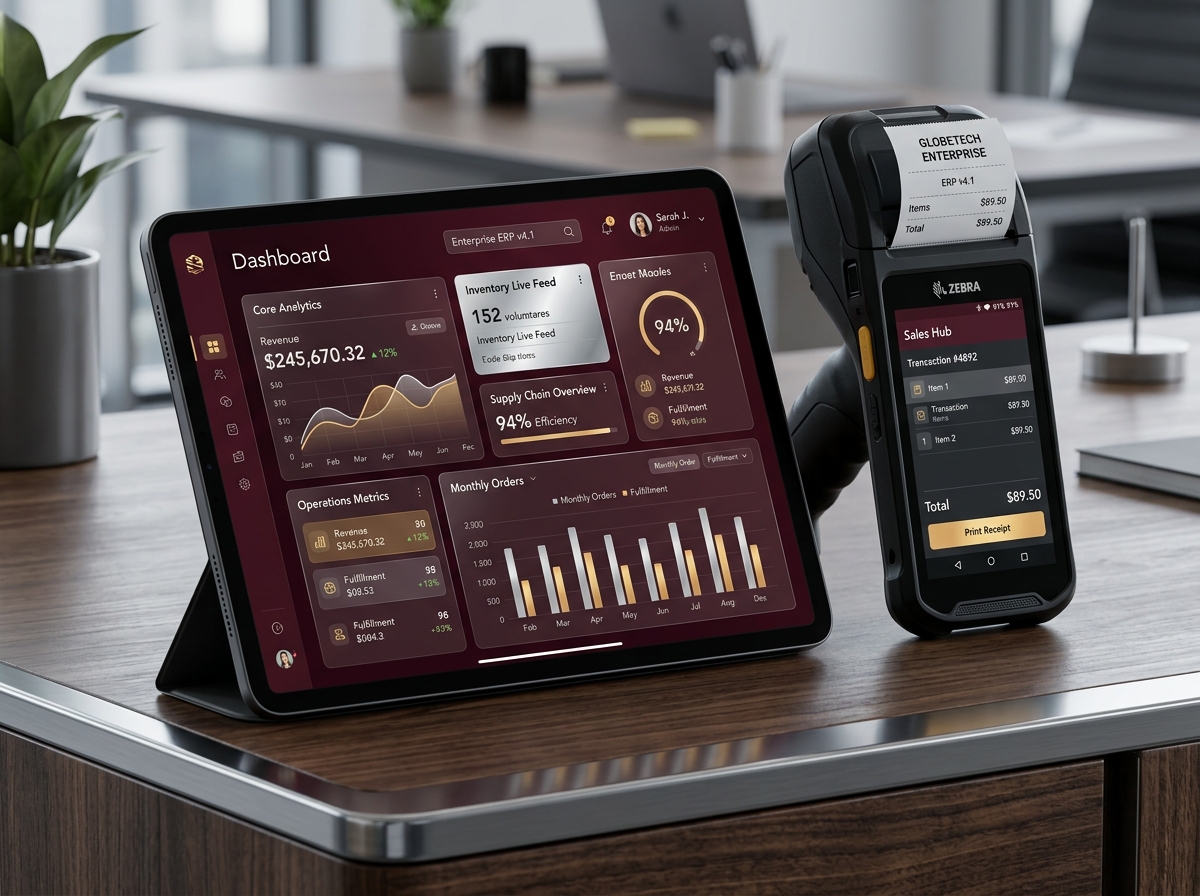 Isometric mockup of Barato Enterprise ERP software dashboard and rugged mobile terminal